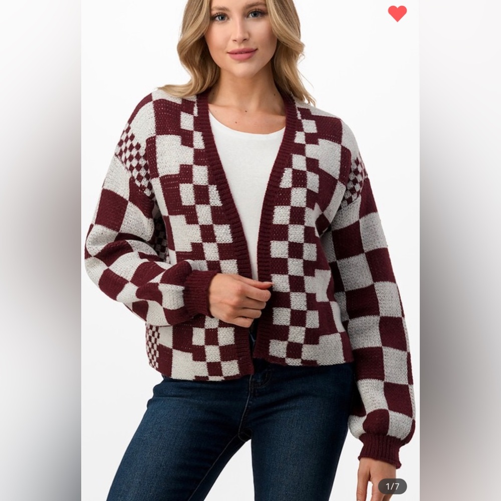 Maroon and white checkered cardigan